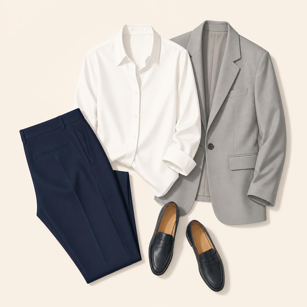 Flat-lay illustration of navy trousers, white button-down, gray blazer and leather loafers