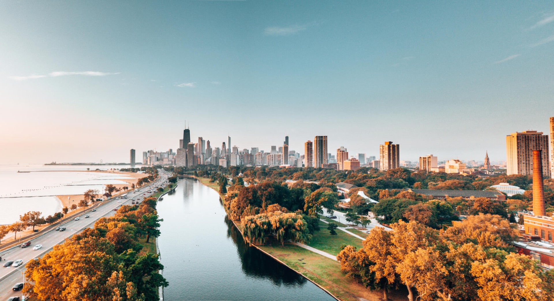 Chicago skyline along the lakefront at golden hour