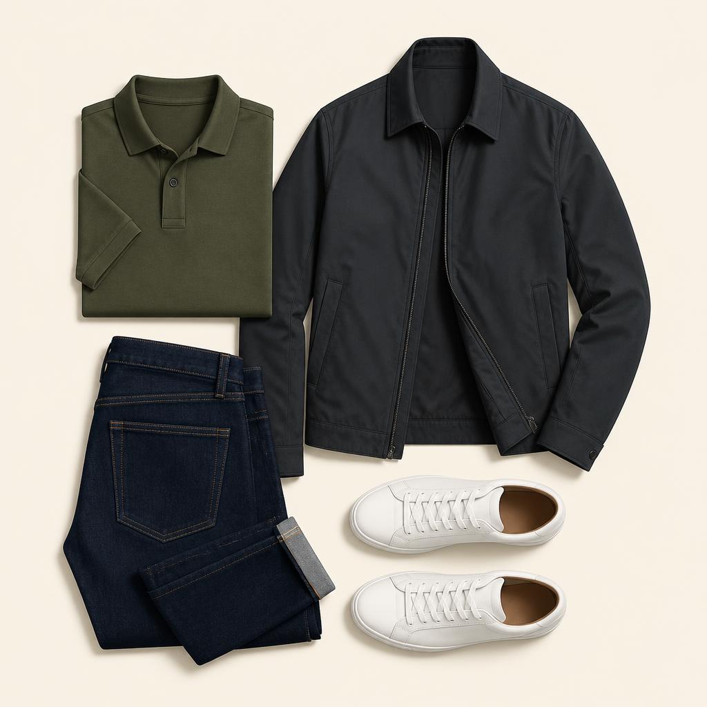 Flat-lay illustration of dark jeans, olive polo, charcoal jacket and white sneakers