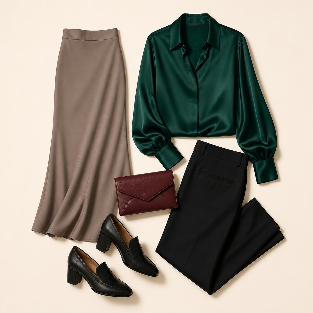 Flat-lay illustration of a taupe midi skirt, emerald blouse, black trousers and heeled loafers